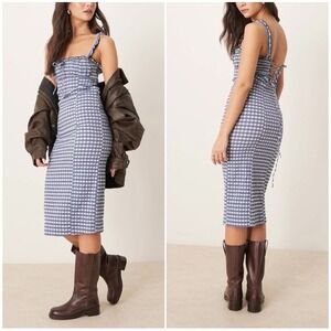 Free People Lucinda Plaid Gingham midi Dress Blue White Large New NWT summer